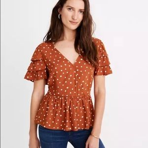 Madewell Tiered-Sleeve Peplum Top in Inkspot Dot Women’s Size 6